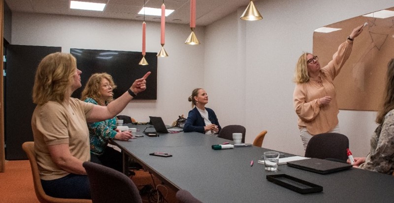 Flera kvinnor vid ett konferensbord, en kvinna står vid en tavla en kvinna som sitter pekar. Ledarutveckling, workshop, bootcamp